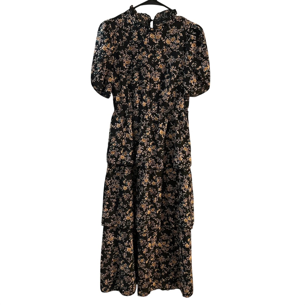 GOMORN Floral Print‎ Tiered Maxi Dress Black Yellow Short Sleeve Mock Neck Small